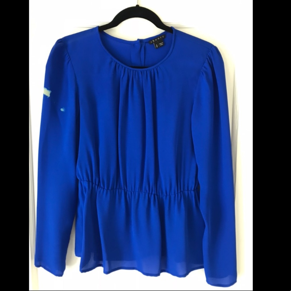 Theory Gorgeous Blue Silk Top w Discoloration Spot